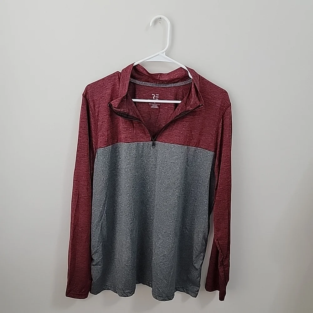 Real Essentials Mens Active DryFit Long Sleeve Pullover-1/4 Zip Gray/Maroon Sz L